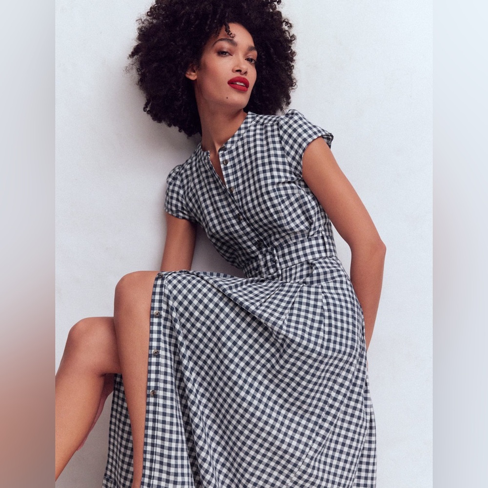 NWT Boden Arabella Linen Blend Dress in Navy Gingham - Picture 2 of 12